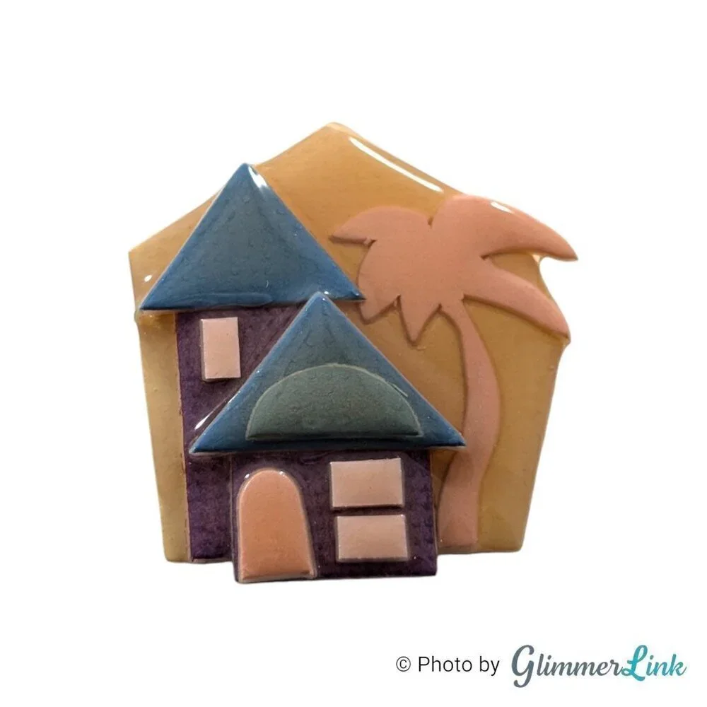 Vintage House Pins By Lucinda Beach House Palm Tree Resin Mixed Media Brooch Pin